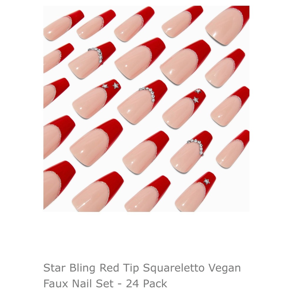 Red‎ Tip Star Bling Squareletto Vegan Faux Nail Set - 24 Pack